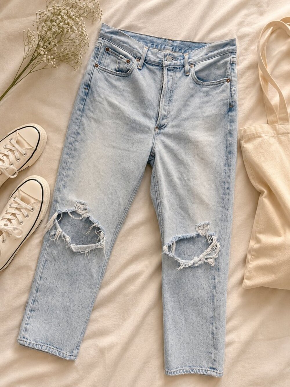 Agolde Riley High Rise Crop Jeans 29 Distressed Light Wash Mom Y2K Straight Leg